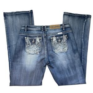 Platinum Plush Jeans Bootcut Medium Wash Rhinestone Bling Moto Pockets Size 11